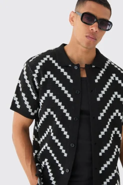 Open Knit Stripe Shirt In Black | BoohooMAN UK