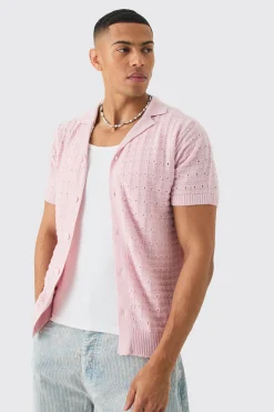 Open Stitch Button Down Knitted Shirt In Pink | BoohooMAN UK
