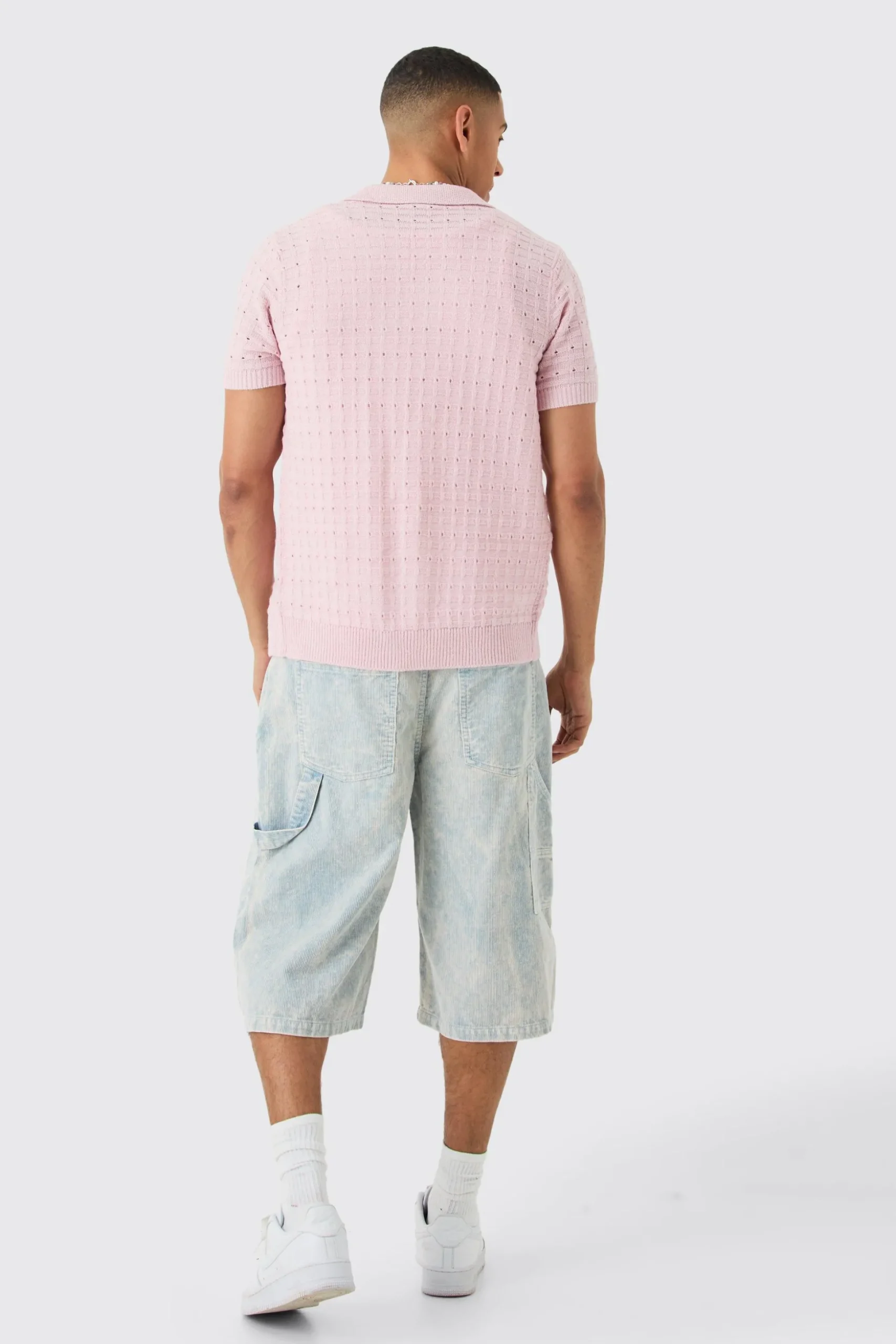 Open Stitch Button Down Knitted Shirt In Pink | BoohooMAN UK