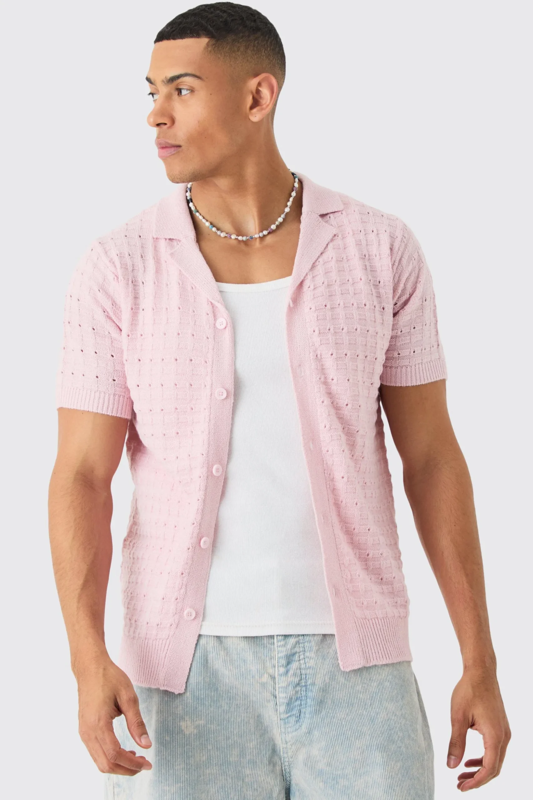 Open Stitch Button Down Knitted Shirt In Pink | BoohooMAN UK