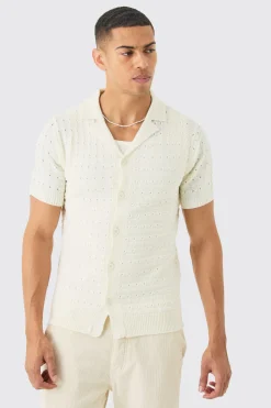 Open Stitch Button Down Knitted Shirt In Cream | BoohooMAN UK