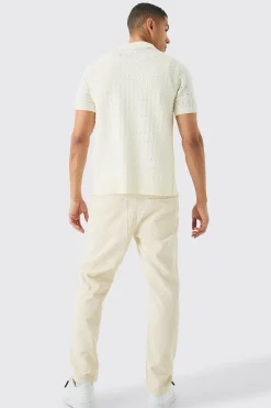 Open Stitch Button Down Knitted Shirt In Cream | BoohooMAN UK