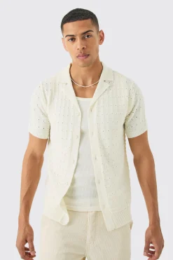 Open Stitch Button Down Knitted Shirt In Cream | BoohooMAN UK