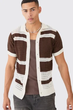 Open Stitch Striped Knitted Shirt In Brown | BoohooMAN UK