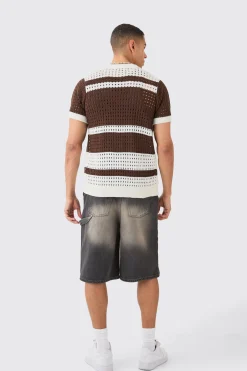 Open Stitch Striped Knitted Shirt In Brown | BoohooMAN UK