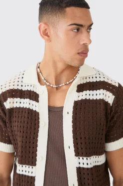 Open Stitch Striped Knitted Shirt In Brown | BoohooMAN UK