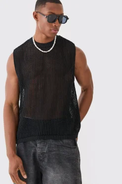 Open Stitch Tank In Black | BoohooMAN UK