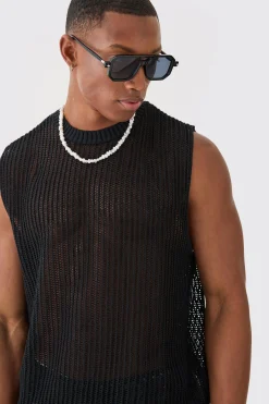 Open Stitch Tank In Black | BoohooMAN UK