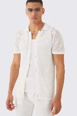 Open Stitch Tonal Floral Intarsia Short Sleeve Knit Shirt | BoohooMAN UK