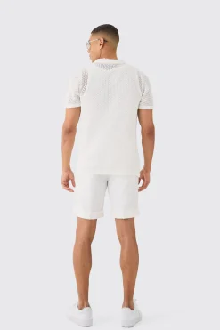 Open Stitch Tonal Floral Intarsia Short Sleeve Knit Shirt | BoohooMAN UK