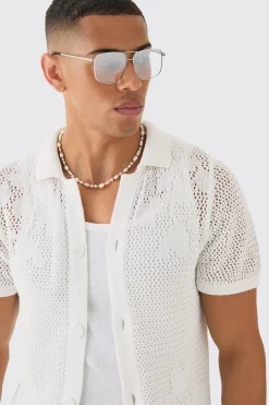 Open Stitch Tonal Floral Intarsia Short Sleeve Knit Shirt | BoohooMAN UK