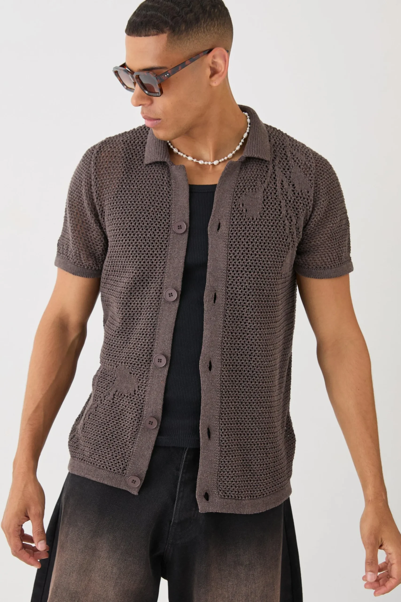 Open Stitch Tonal Floral Intarsia Short Sleeve Knit Shirt | BoohooMAN UK