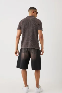 Open Stitch Tonal Floral Intarsia Short Sleeve Knit Shirt | BoohooMAN UK