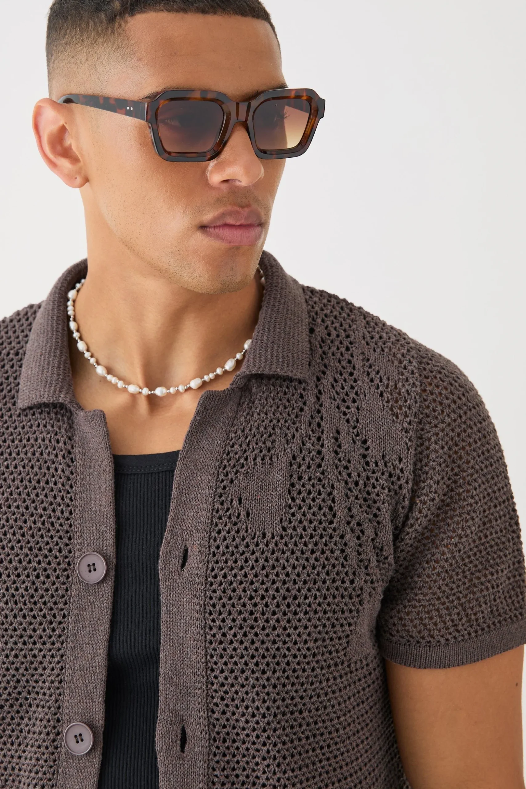 Open Stitch Tonal Floral Intarsia Short Sleeve Knit Shirt | BoohooMAN UK