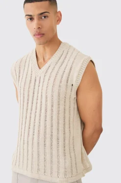 Open Stitch Vest In Stone | BoohooMAN UK