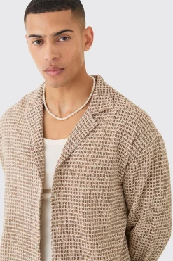 Open Weave Long Sleeve Oversized Shirt | BoohooMAN UK
