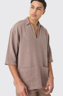 Open Weave Overhead V Neck Shirt | BoohooMAN UK