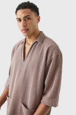 Open Weave Overhead V Neck Shirt | BoohooMAN UK