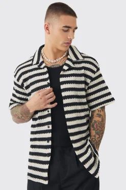 Open Weave Oversized Striped Shirt | BoohooMAN UK