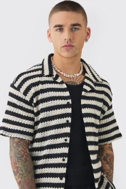 Open Weave Oversized Striped Shirt | BoohooMAN UK