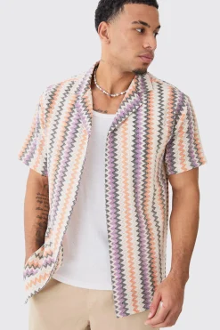 Open Weave Striped Pocket Oversized Shirt | BoohooMAN UK