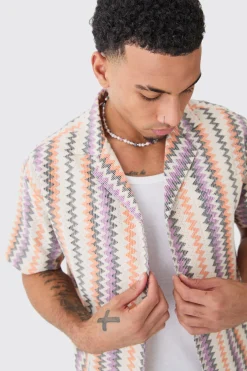 Open Weave Striped Pocket Oversized Shirt | BoohooMAN UK