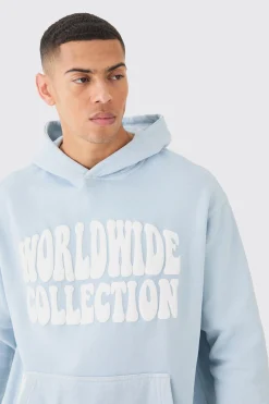 Overdye Worldwide Puff Print Hoodie | BoohooMAN UK