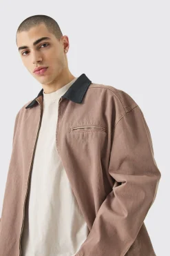 Overdyed Contrast Collar Denim Harrington | BoohooMAN UK