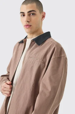 Overdyed Contrast Collar Denim Harrington | BoohooMAN UK