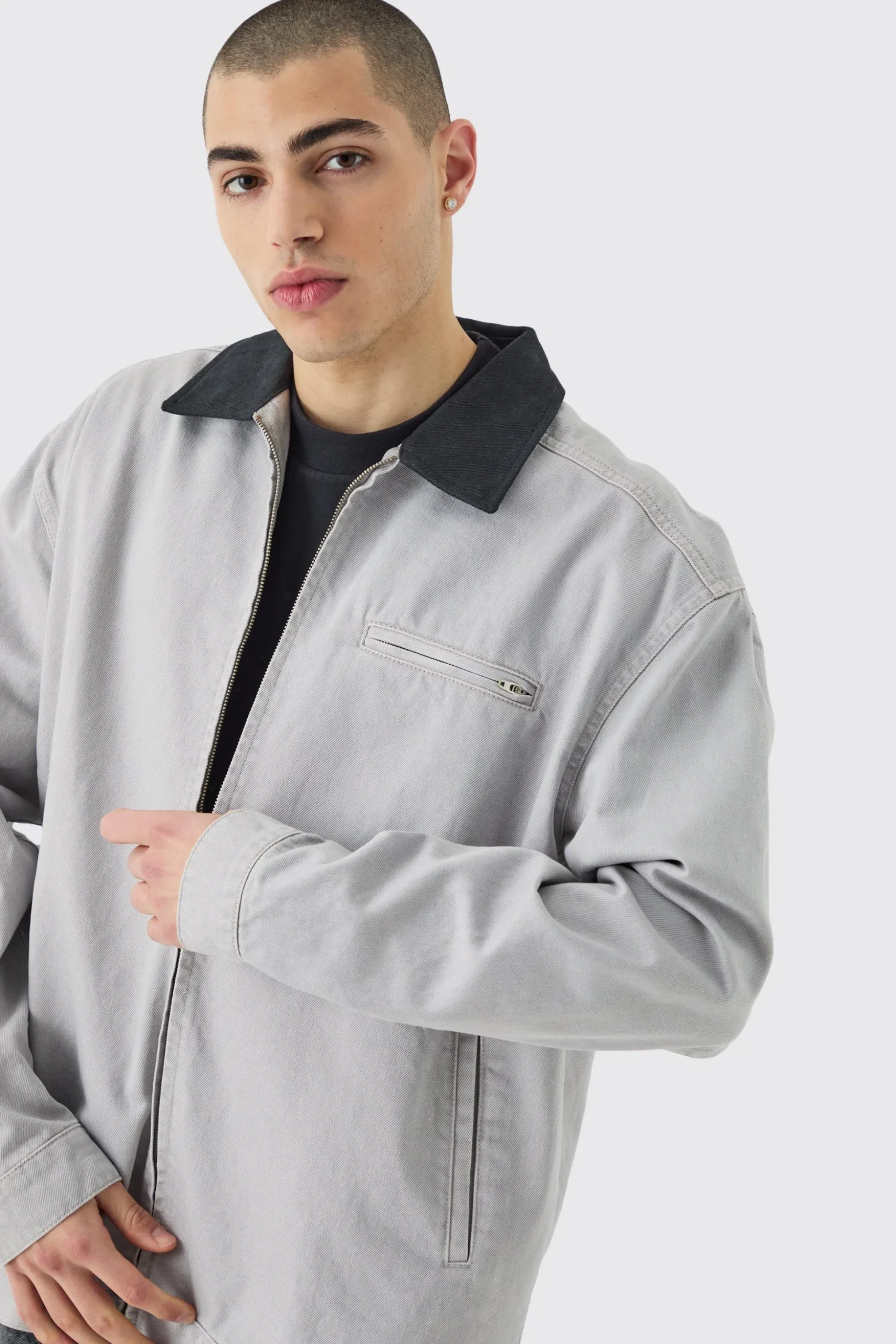 Overdyed Contrast Collar Denim Harrington | BoohooMAN UK