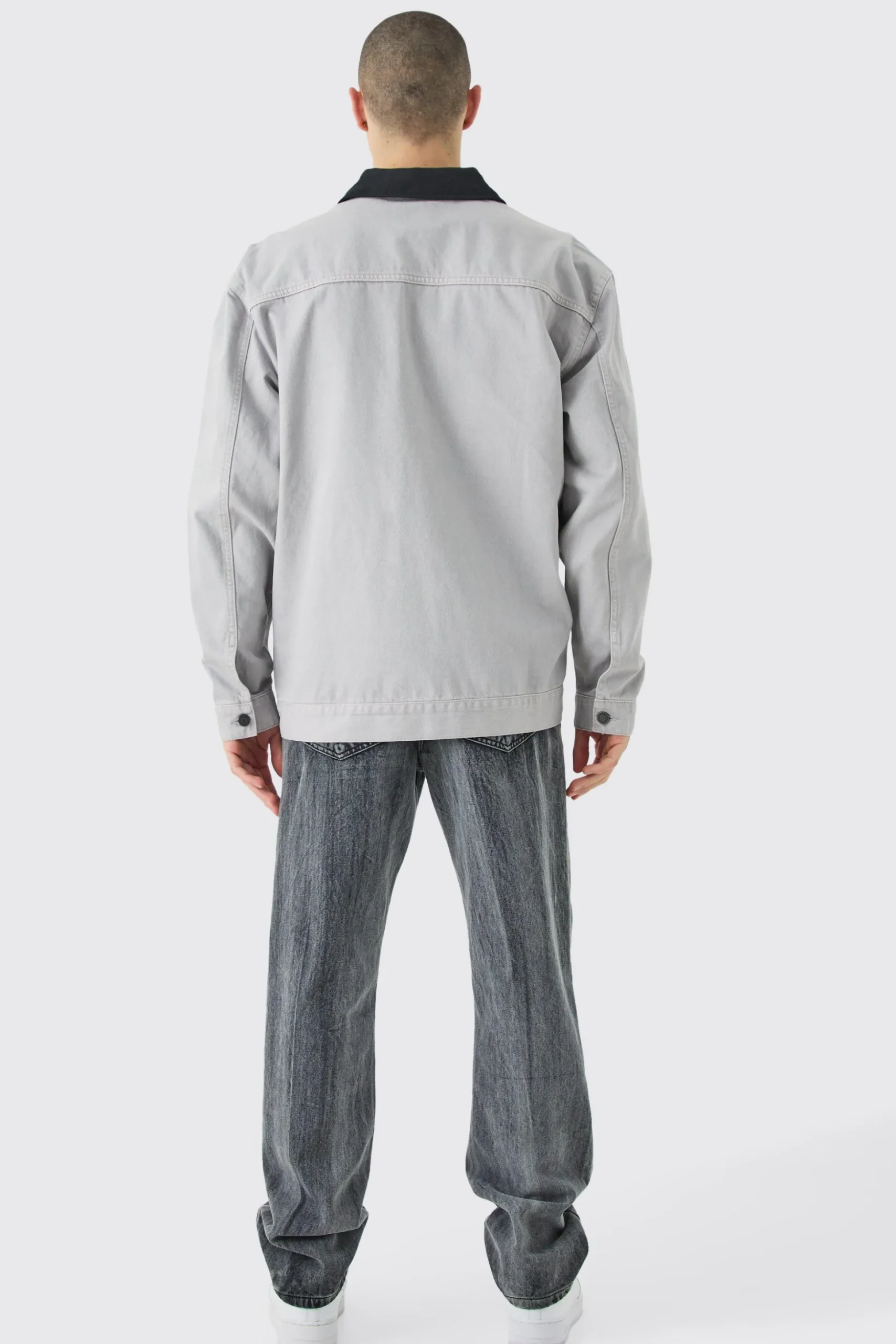 Overdyed Contrast Collar Denim Harrington | BoohooMAN UK