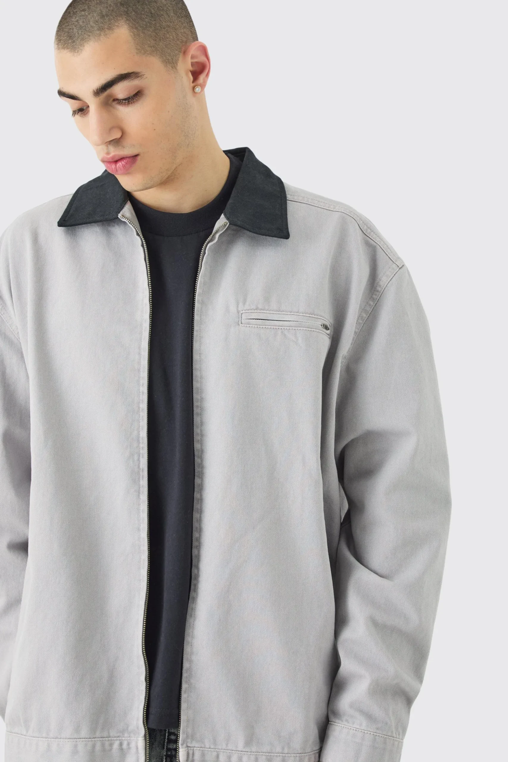 Overdyed Contrast Collar Denim Harrington | BoohooMAN UK