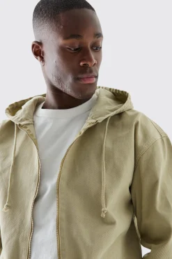 Overdyed Denim Boxy Fit Zip Through Hoodie | BoohooMAN UK