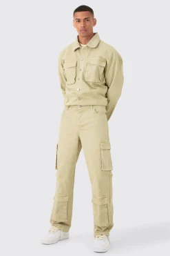 Overdyed Oversized Cargo Pocket Denim Boilersuit In Sage | BoohooMAN UK