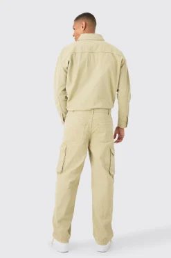 Overdyed Oversized Cargo Pocket Denim Boilersuit In Sage | BoohooMAN UK