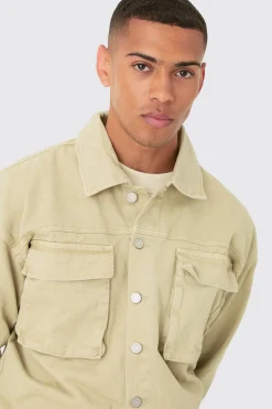 Overdyed Oversized Cargo Pocket Denim Boilersuit In Sage | BoohooMAN UK