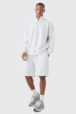 Oversized 1/4 Zip Cargo Short Tracksuit | BoohooMAN UK
