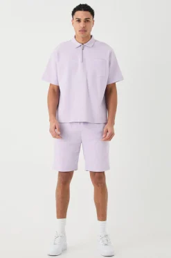 Oversized 1/4 Zip Embroidered Polo And Short Set | BoohooMAN UK