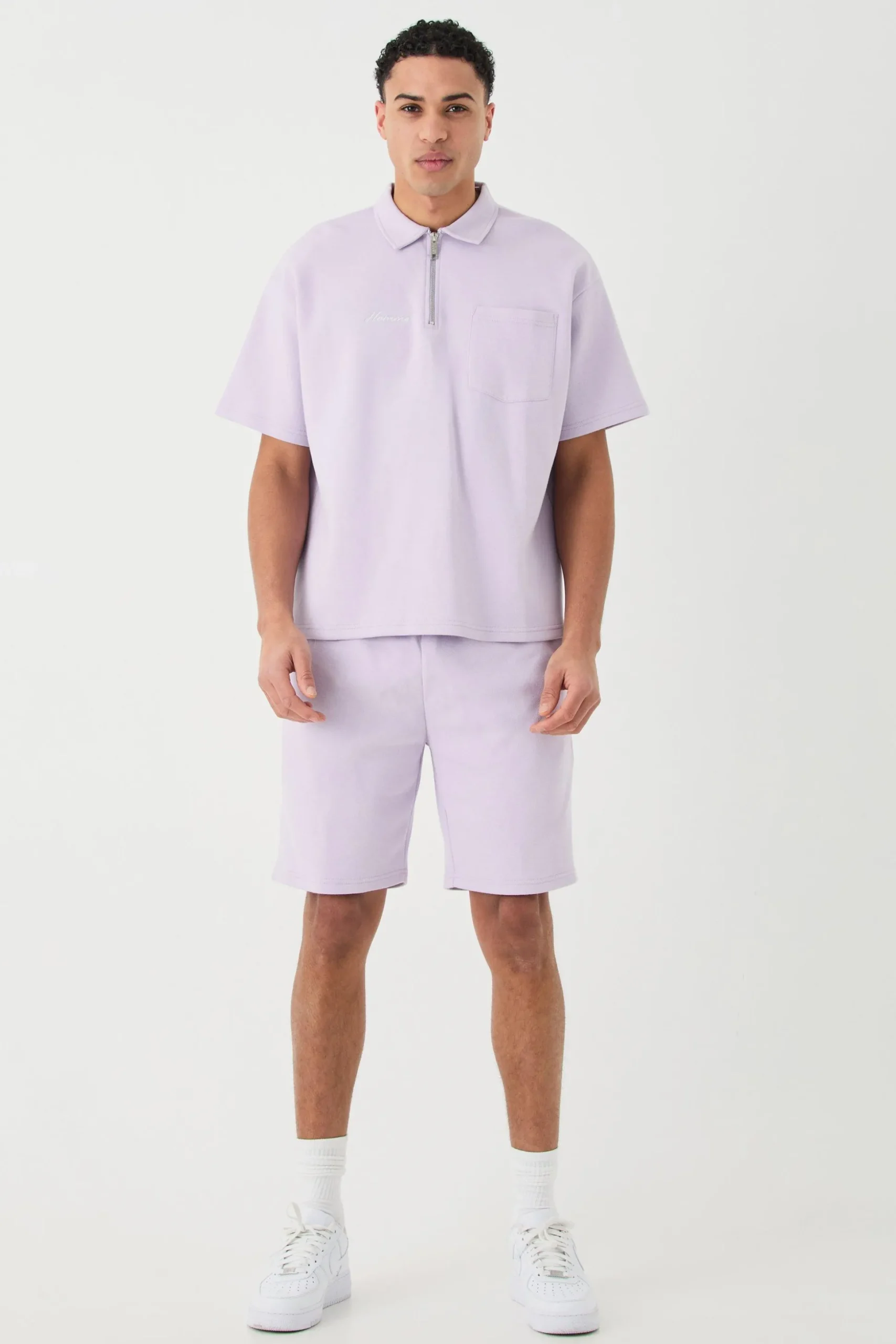Oversized 1/4 Zip Embroidered Polo And Short Set | BoohooMAN UK