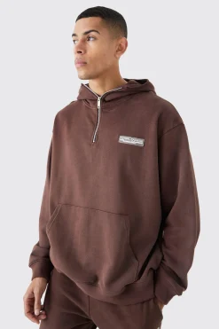 Oversized 1/4 Zip Washed Loopback Hoodie | BoohooMAN UK