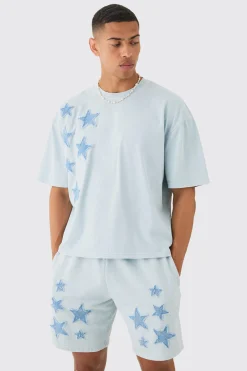 Oversized Acid Wash Denim Stars Applique T-shirt & Shorts Set | BoohooMAN UK