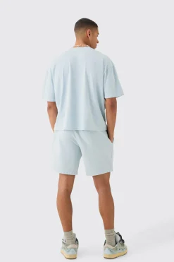 Oversized Acid Wash Denim Stars Applique T-shirt & Shorts Set | BoohooMAN UK