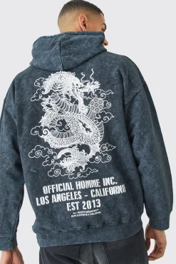 Oversized Acid Wash Dragon Graphic Hoodie | BoohooMAN UK