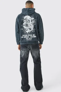 Oversized Acid Wash Dragon Graphic Hoodie | BoohooMAN UK