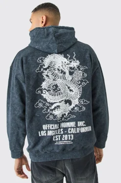 Oversized Acid Wash Dragon Graphic Hoodie | BoohooMAN UK