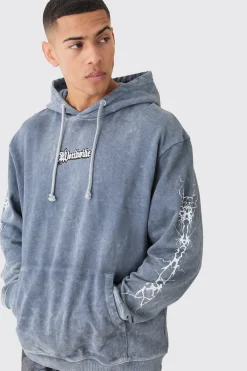 Oversized Acid Wash Embroidered Wing Graphic Hoodie | BoohooMAN UK