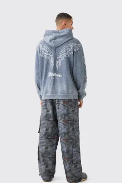 Oversized Acid Wash Embroidered Wing Graphic Hoodie | BoohooMAN UK