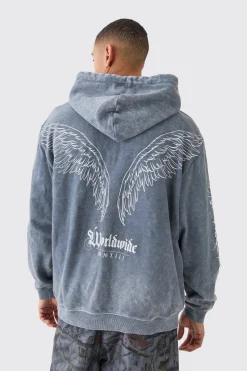 Oversized Acid Wash Embroidered Wing Graphic Hoodie | BoohooMAN UK