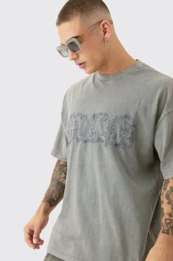 Oversized Acid Wash Man Embroidered Distressed T-shirt | BoohooMAN UK