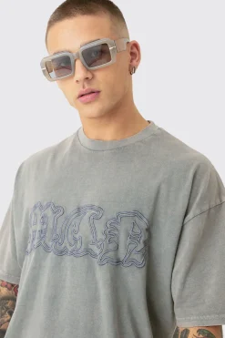Oversized Acid Wash Man Embroidered Distressed T-shirt | BoohooMAN UK